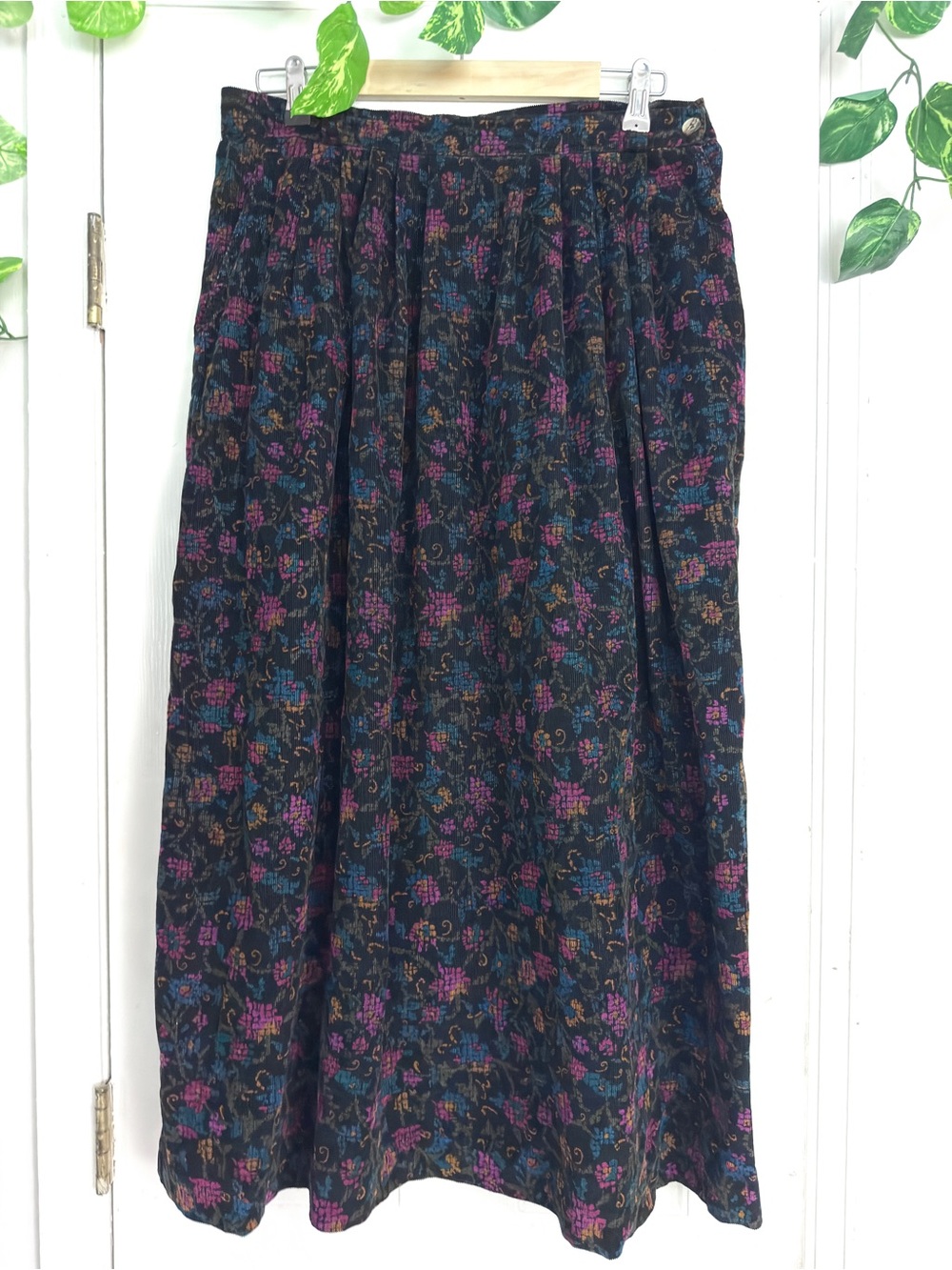 Vintage L.L. Bean Corduroy Black Maxi Skirt Purple Teal Floral Print Boho